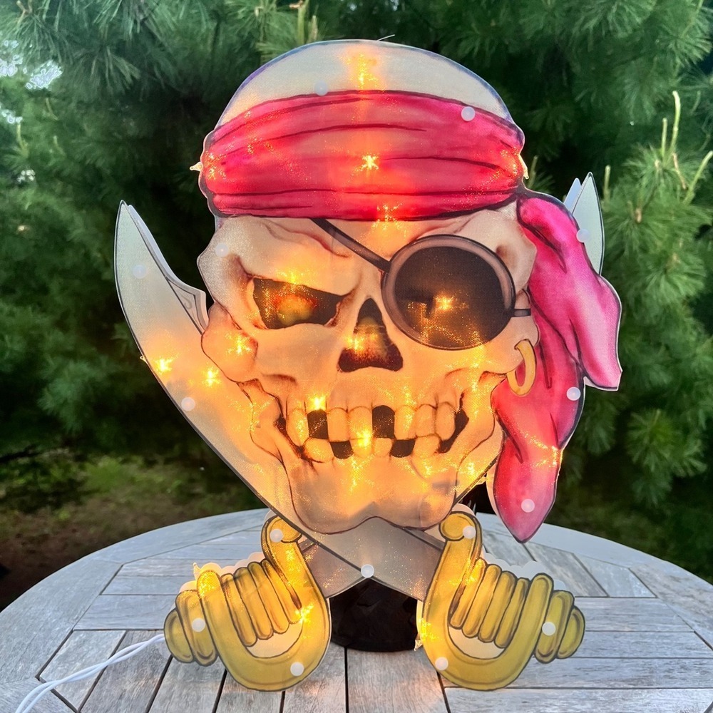 Vintage All Hallows Eve Pirate Skull 16" Lighted Sculpture Halloween Decor w Box